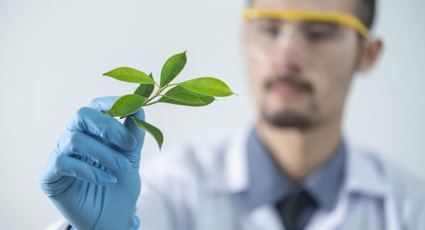 Uomo con camice da laboratorio tiene in mano una piantina